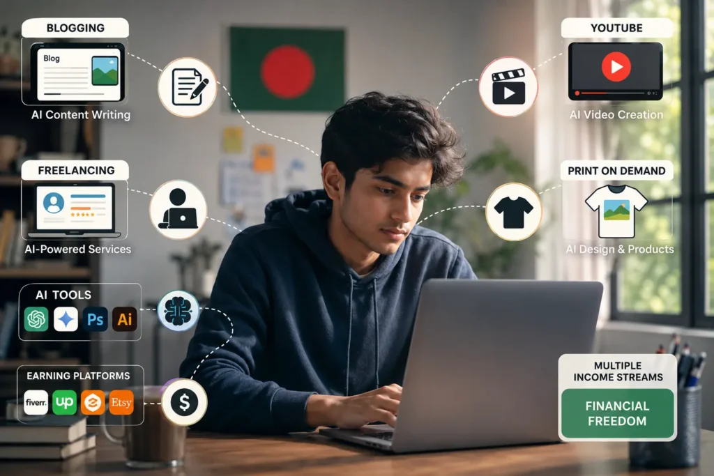 AI দিয়ে Passive Income করার বিভিন্ন উপায় দেখানো ইনফোগ্রাফিক