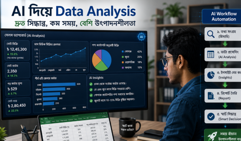 AI Automation ও Workflow ব্যবহার করে অফিসের কাজ সহজ করার দৃশ্য