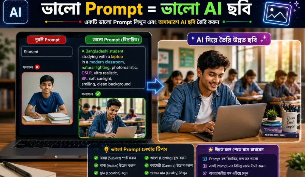AI Prompt লিখে বাস্তবধর্মী ছবি তৈরির উদাহরণ