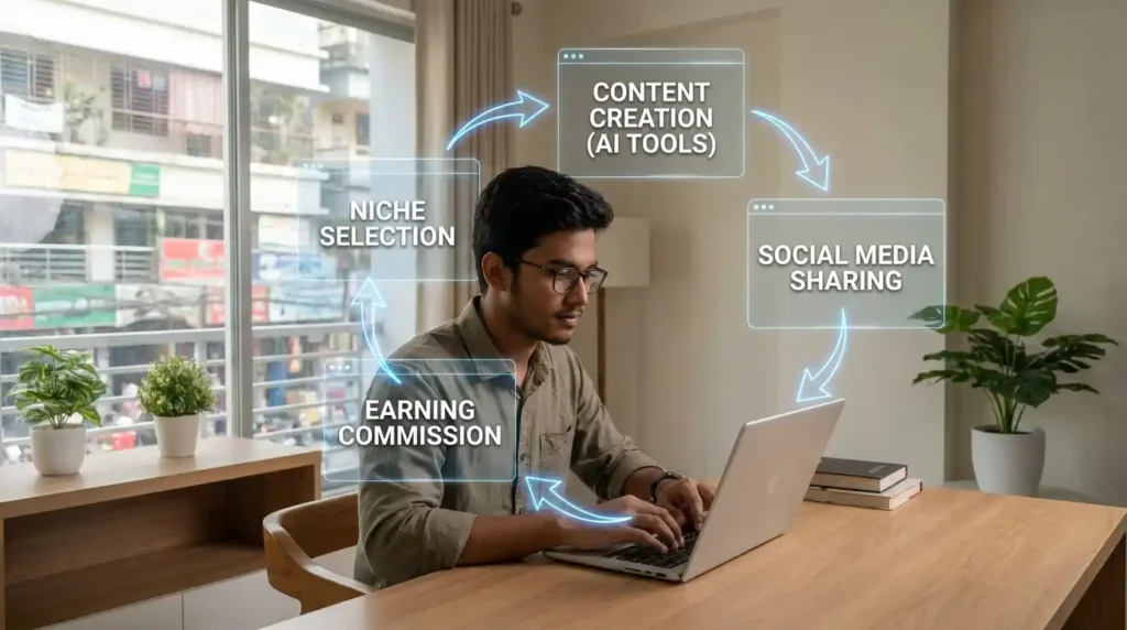 একজন বাংলাদেশি তরুণ ল্যাপটপে affiliate marketing কাজ করছে