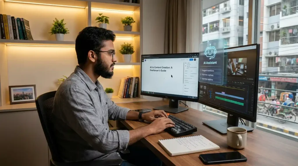 AI tools ব্যবহার করে কনটেন্ট তৈরি করার দৃশ্য