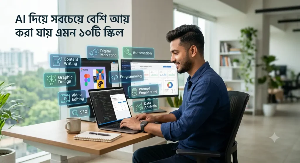 বাংলাদেশি তরুণ AI ব্যবহার করে কনটেন্ট রাইটিং ও ডিজিটাল মার্কেটিং করছেন