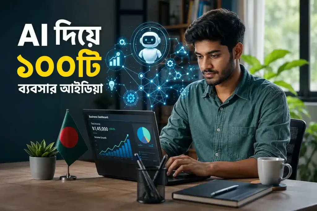 AI দিয়ে ব্যবসার আইডিয়া নিয়ে কাজ করছে একজন তরুণ উদ্যোক্তা