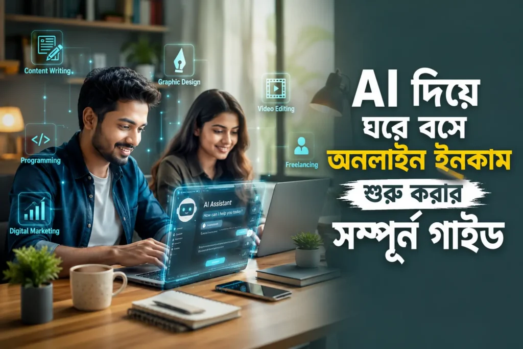 AI দিয়ে ঘরে বসে অনলাইন ইনকাম শুরু করার সম্পূর্ণ গাইড - বাংলাদেশি তরুণ ল্যাপটপে AI ব্যবহার করে কাজ করছেন