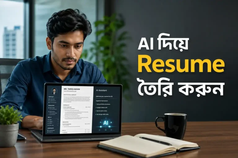 AI দিয়ে Resume তৈরি করে ল্যাপটপে প্রফেশনাল ATS-Friendly CV বানানোর দৃশ্য