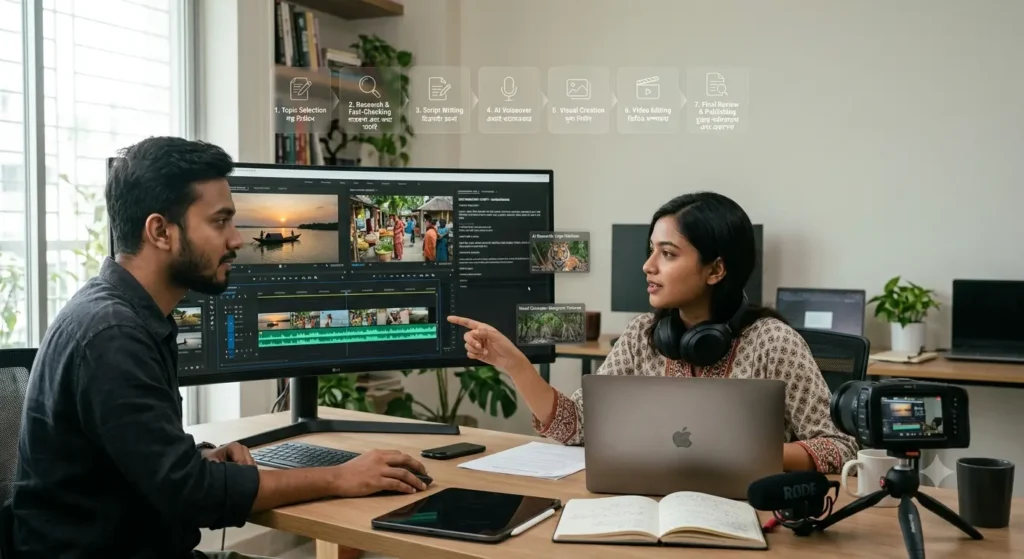 AI ব্যবহার করে Documentary Script ও Video Editing করার দৃশ্য