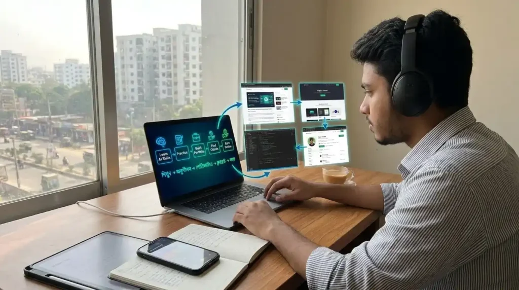 AI টুল ব্যবহার করে ডিজিটাল স্কিল শিখছে একজন বিশ্ববিদ্যালয় শিক্ষার্থী