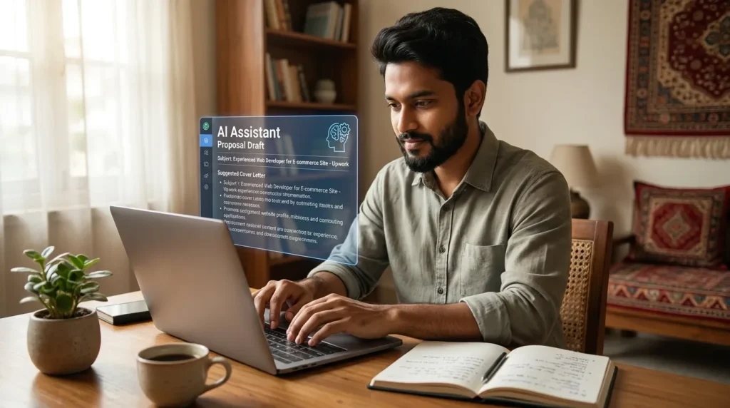 AI tools ব্যবহার করে freelancing কাজ করার দৃশ্য