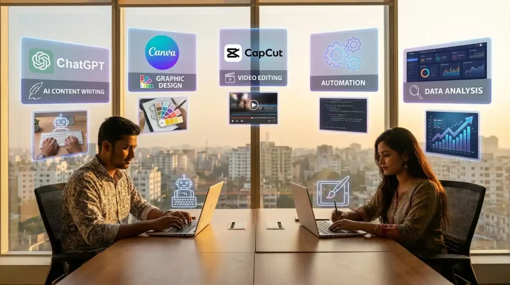 AI graphic design এবং freelancing workflow illustration