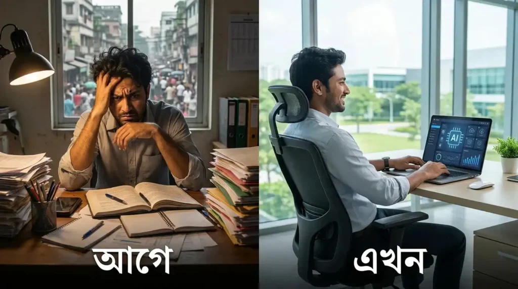 একজন ফ্রিল্যান্সার AI ব্যবহার করে দ্রুত কাজ করছে