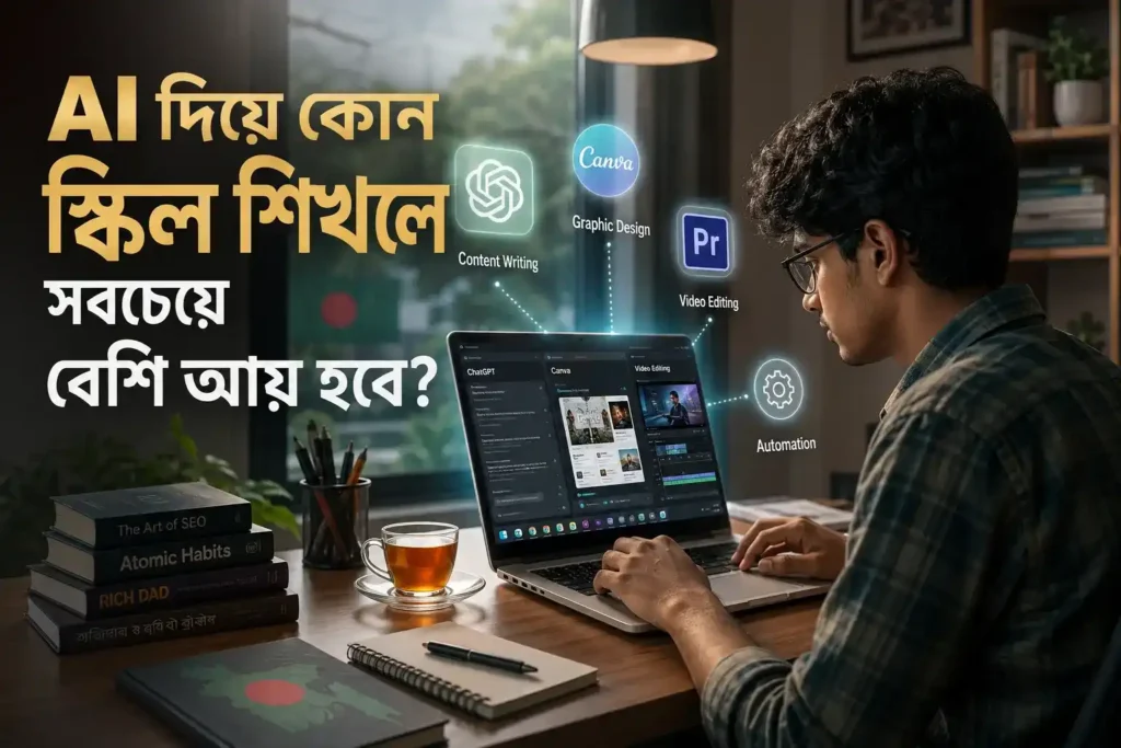 AI দিয়ে কোন স্কিল শিখলে সবচেয়ে বেশি আয় হবে – বাংলাদেশে একজন ছাত্র ল্যাপটপে কাজ করছে
