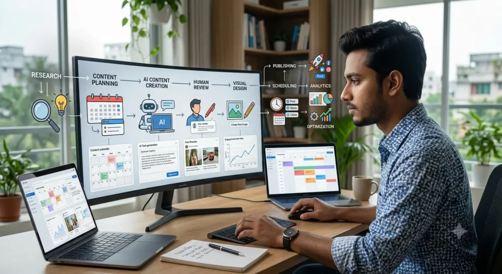 AI Social Media Automation Workflow এবং Content Scheduling