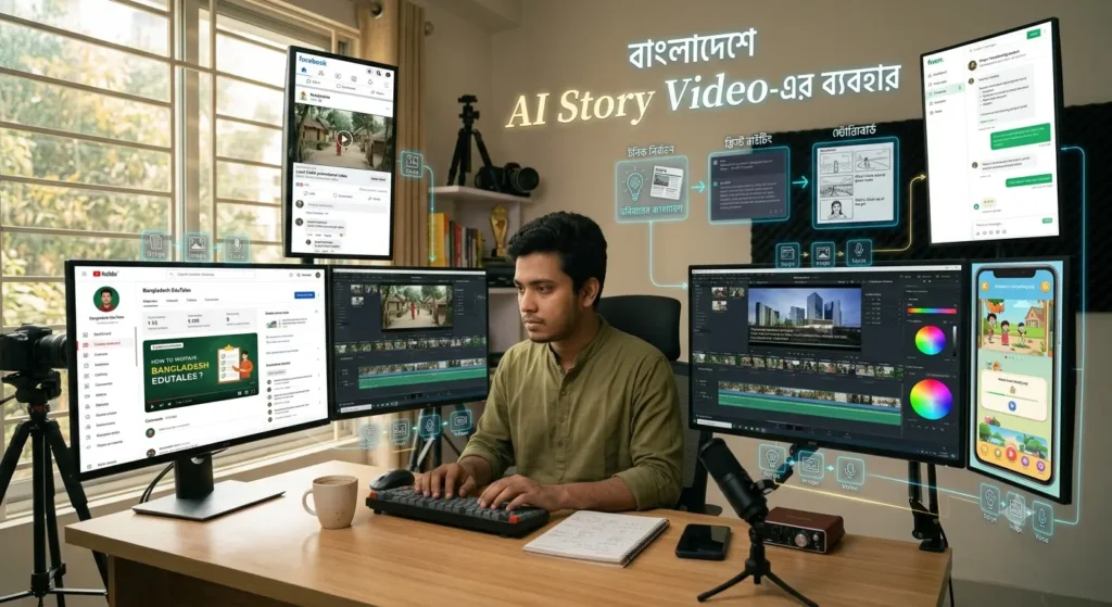 বাংলাদেশের একজন কনটেন্ট ক্রিয়েটর AI দিয়ে স্টোরি ভিডিও তৈরি করছেন