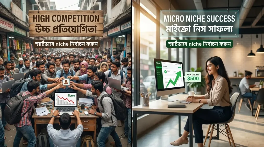 Bangladesh freelancer working on laptop with Fiverr dashboard