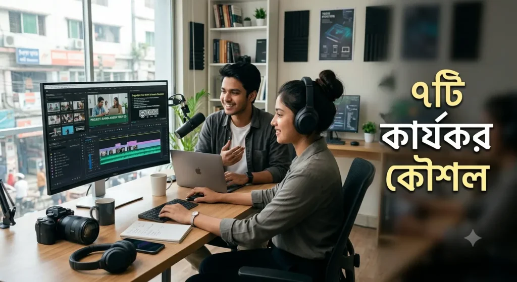 Copyright Free Video তৈরির জন্য ল্যাপটপে কাজ করছেন তরুণ বাংলাদেশি Content Creator