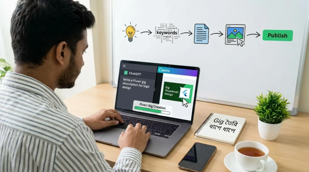 Fiverr gig optimization process with AI tools illustration