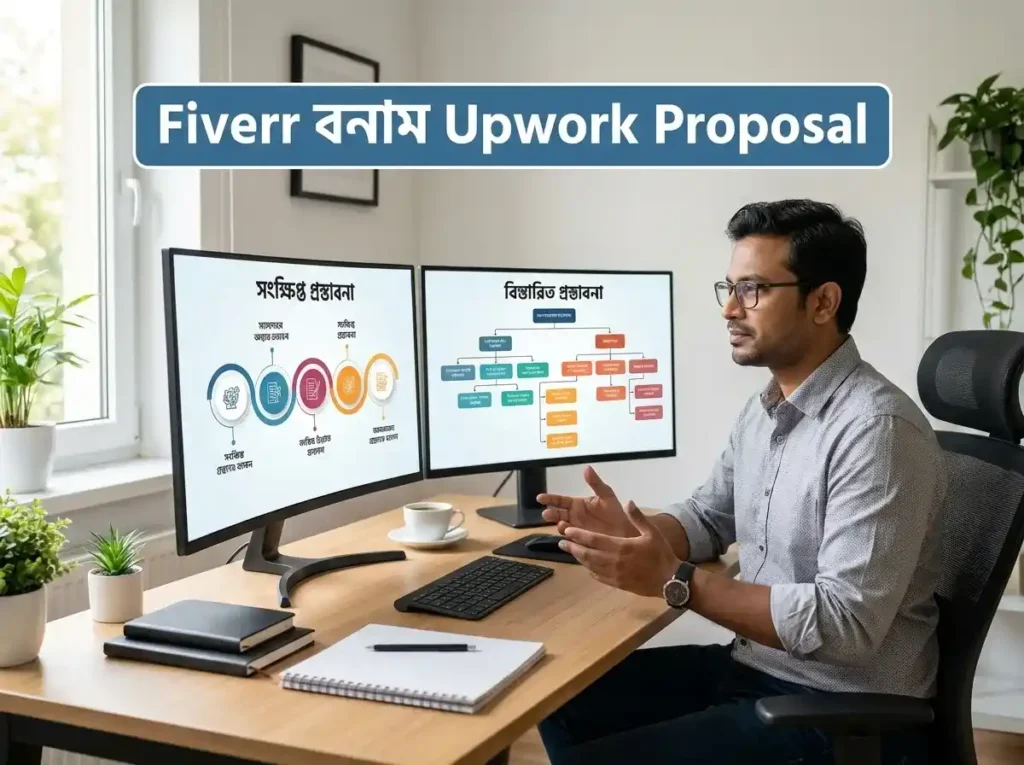 Fiverr এবং Upwork Proposal লেখার AI Workflow Illustration