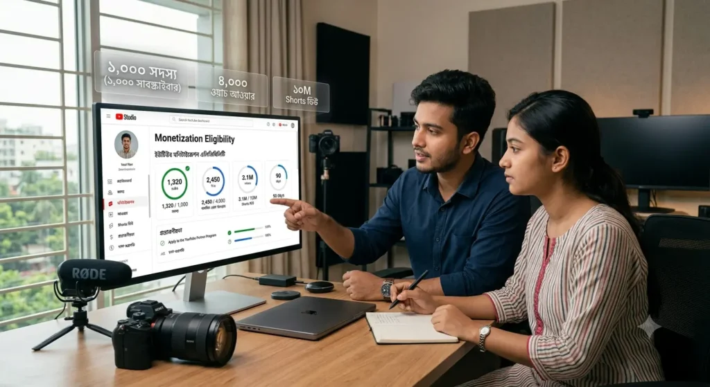 বাংলাদেশি তরুণ YouTuber ল্যাপটপে YouTube Analytics ও Monetization Dashboard বিশ্লেষণ করছেন