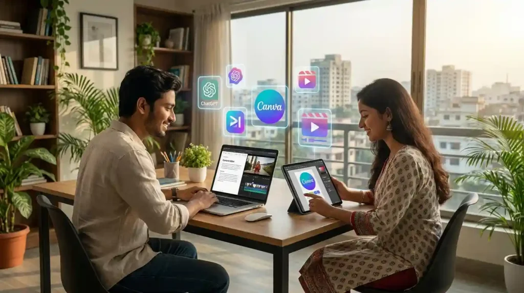 বাংলাদেশি ছাত্র ল্যাপটপে AI ফ্রিল্যান্সিং কাজ করছে