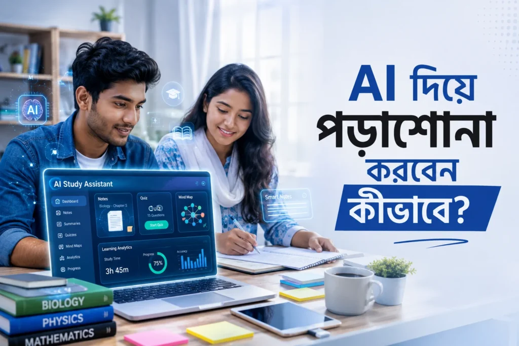 AI দিয়ে পড়াশোনা করছেন একজন বাংলাদেশি শিক্ষার্থী আধুনিক ল্যাপটপে