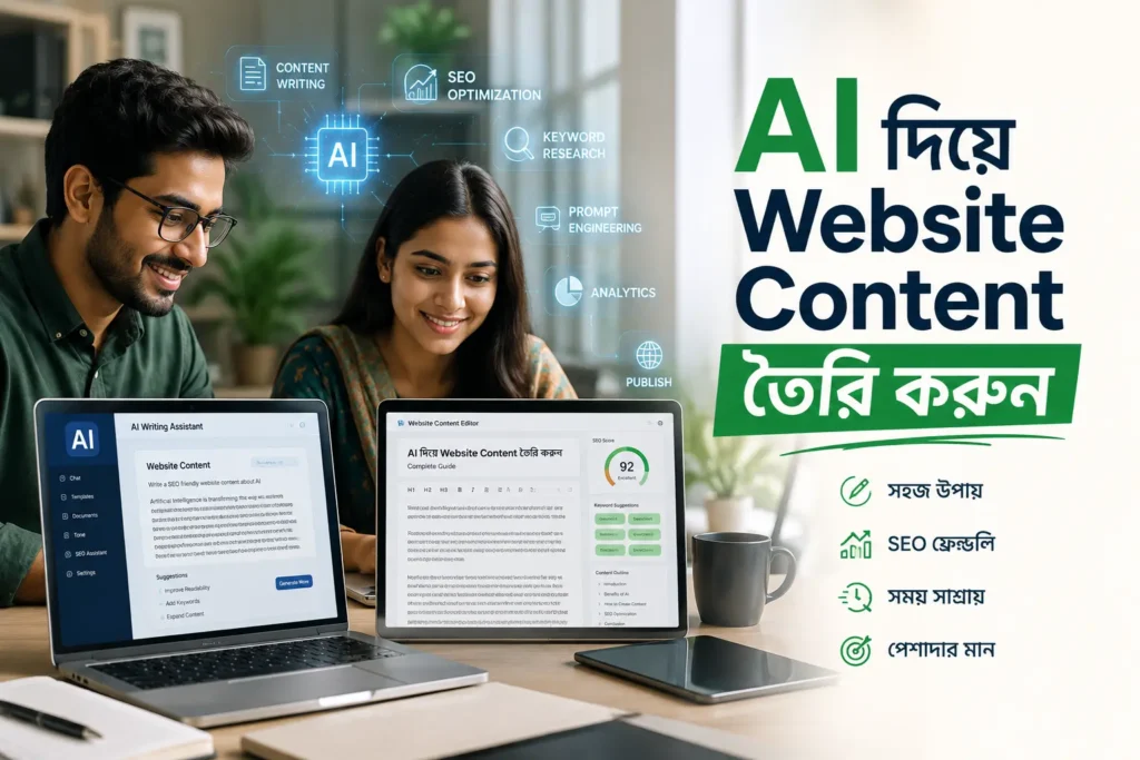 AI দিয়ে Website Content তৈরি করুন – বাংলাদেশি কনটেন্ট রাইটার AI ব্যবহার করে SEO আর্টিকেল লিখছেন