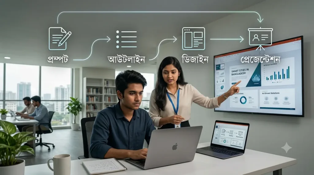 বাংলাদেশি শিক্ষার্থী AI Presentation Tool দিয়ে স্লাইড তৈরি করছে